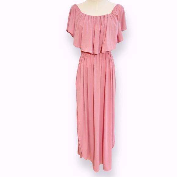 MAUVE Flowy Off The Shoulder Ruffle Party Dress Side Split Beach Maxi + POCKETS! - Picture 5 of 17